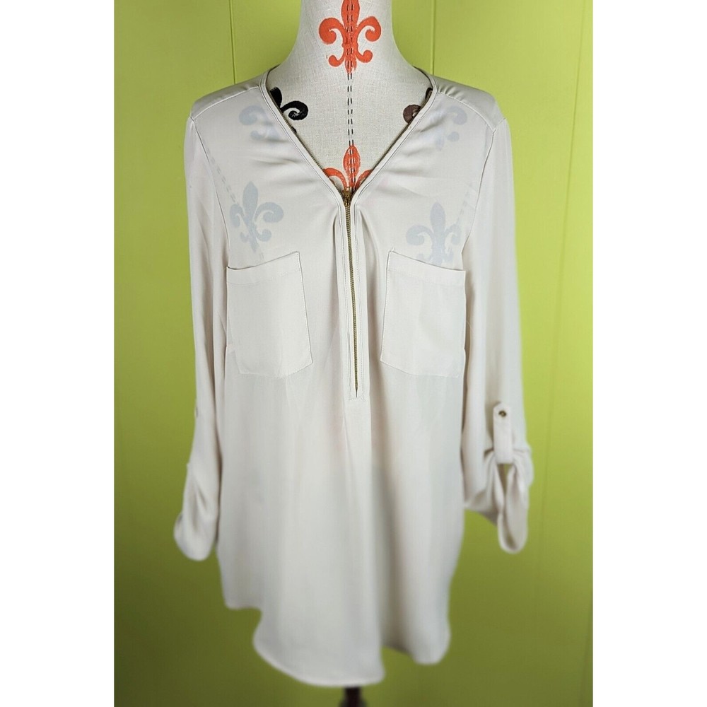 New Directions Womens XL Top Shirt Roll Tab Sleeve Sheer Zipped V-Neck Beige EUC